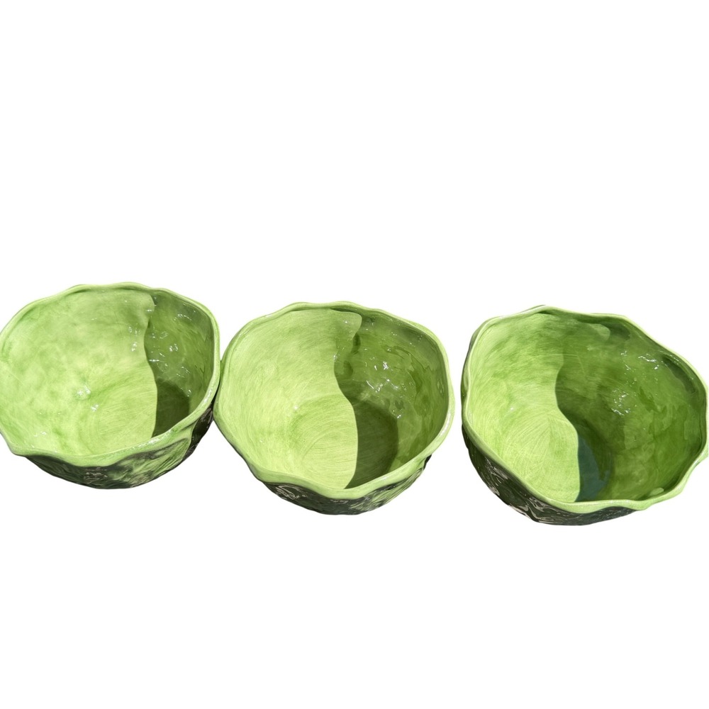 Vintage Style Green Ceramic Cabbage Leaf Nesting Bowls Set of 3 Holland Mold